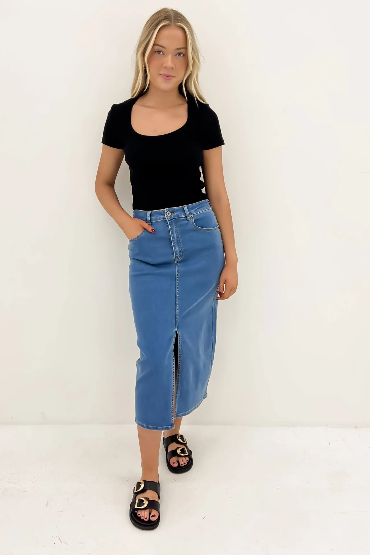 Alivia Denim Midi Skirt Dark Blue