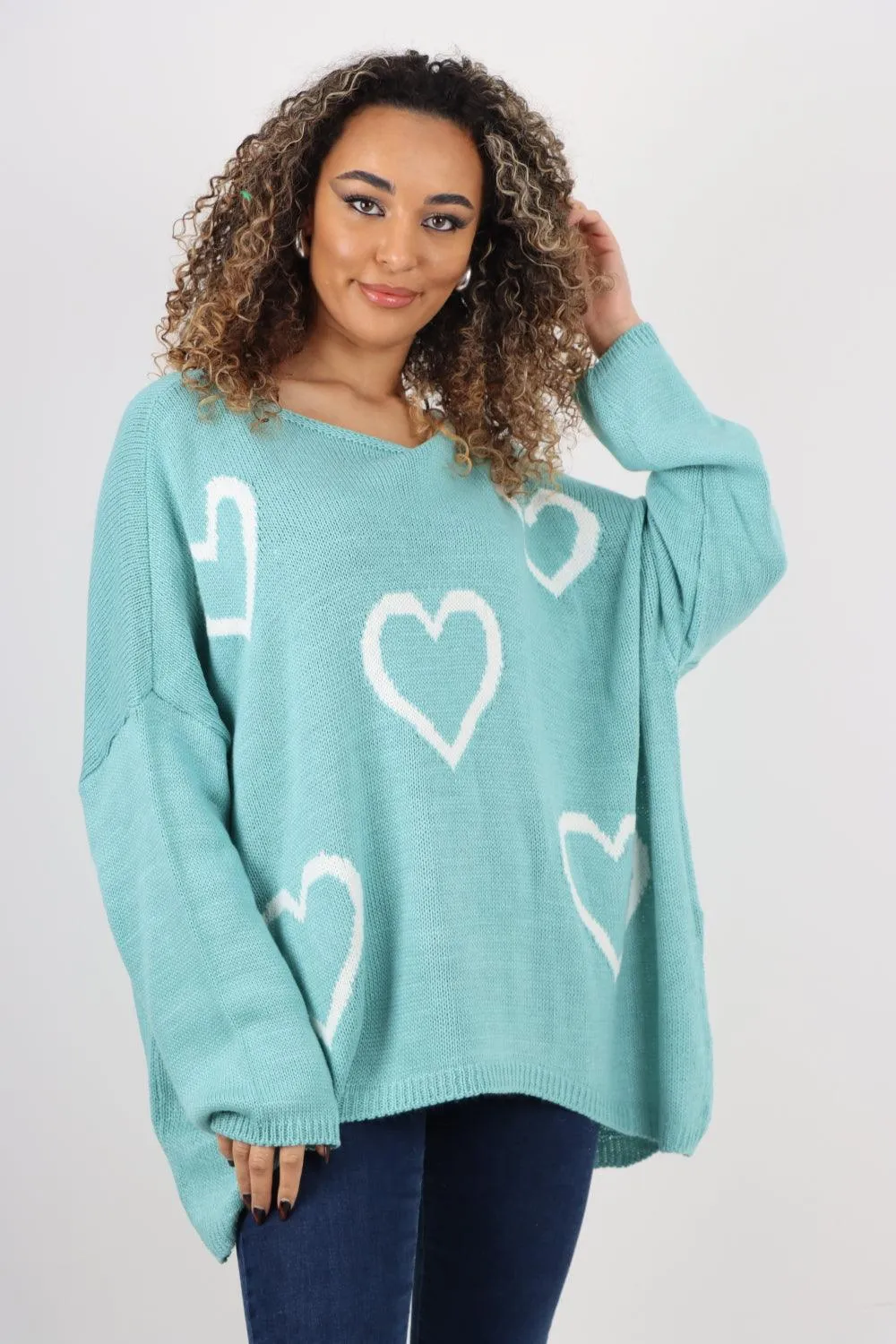 All Over Heart Print  Chunky Knit Jumper Top