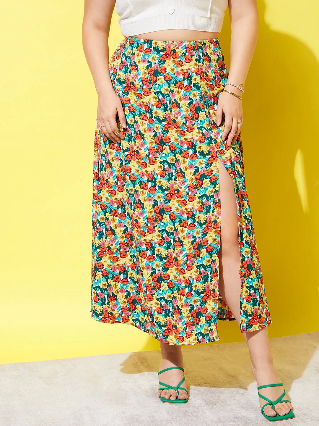 Berrylush Women Plus Size Red, Yellow, & Green Floral Printed Crepe Slip-On Thigh-High Slit Flared A-Line Midi Skirt