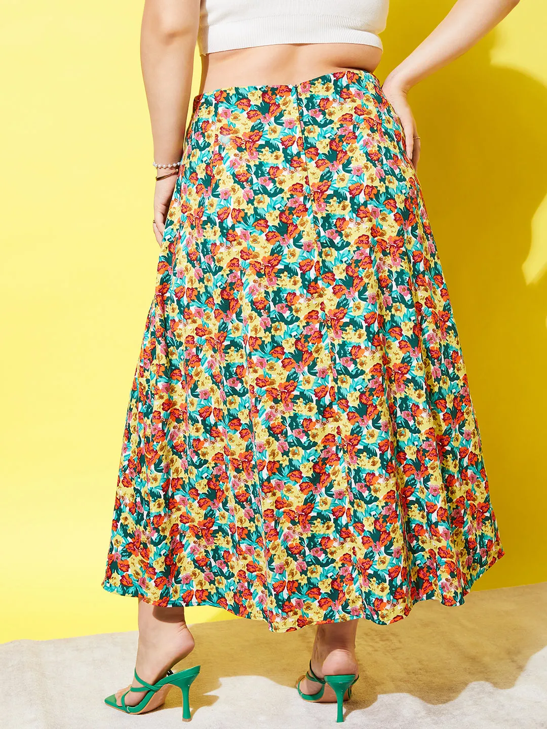 Berrylush Women Plus Size Red, Yellow, & Green Floral Printed Crepe Slip-On Thigh-High Slit Flared A-Line Midi Skirt