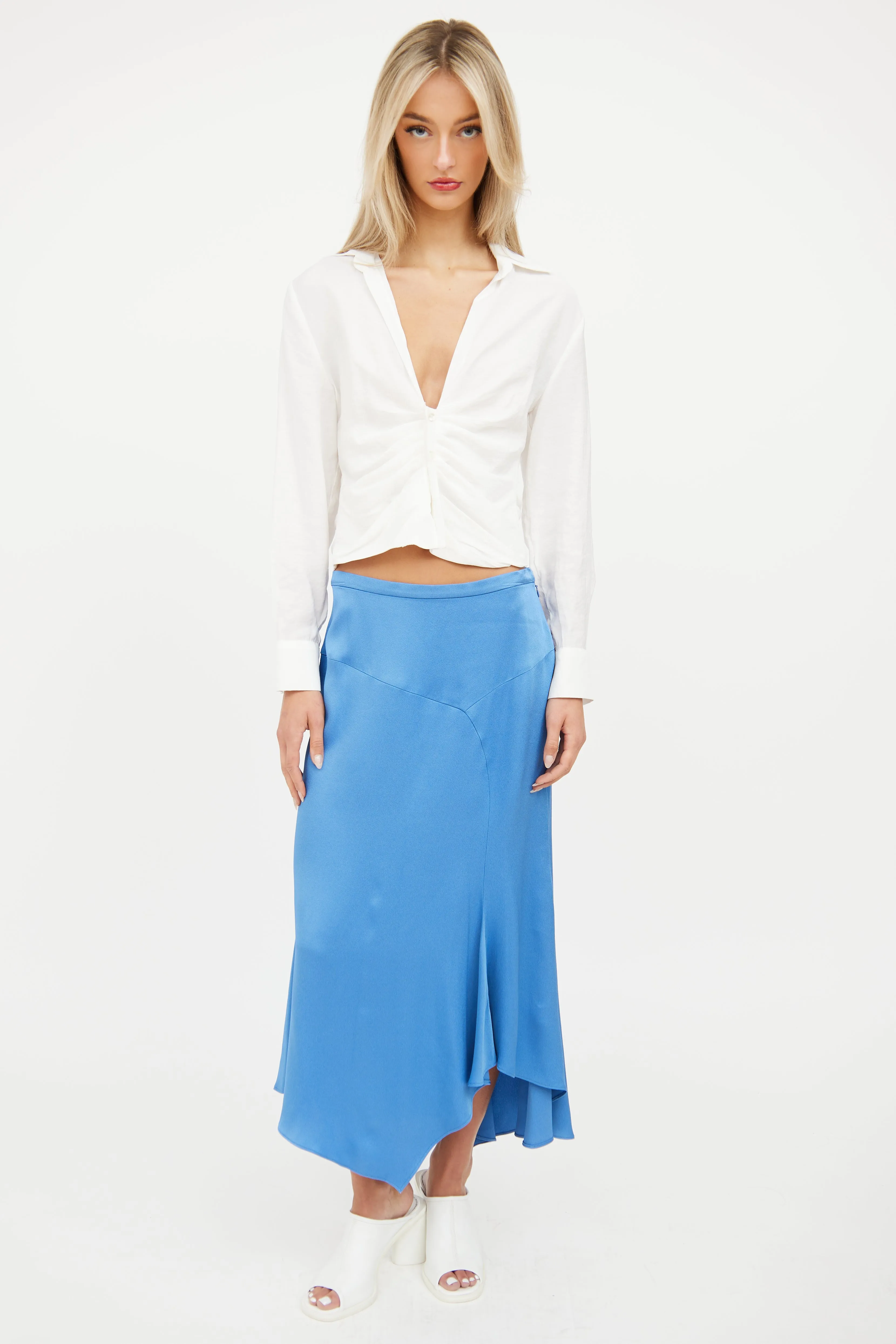 Blue Satin Midi Skirt