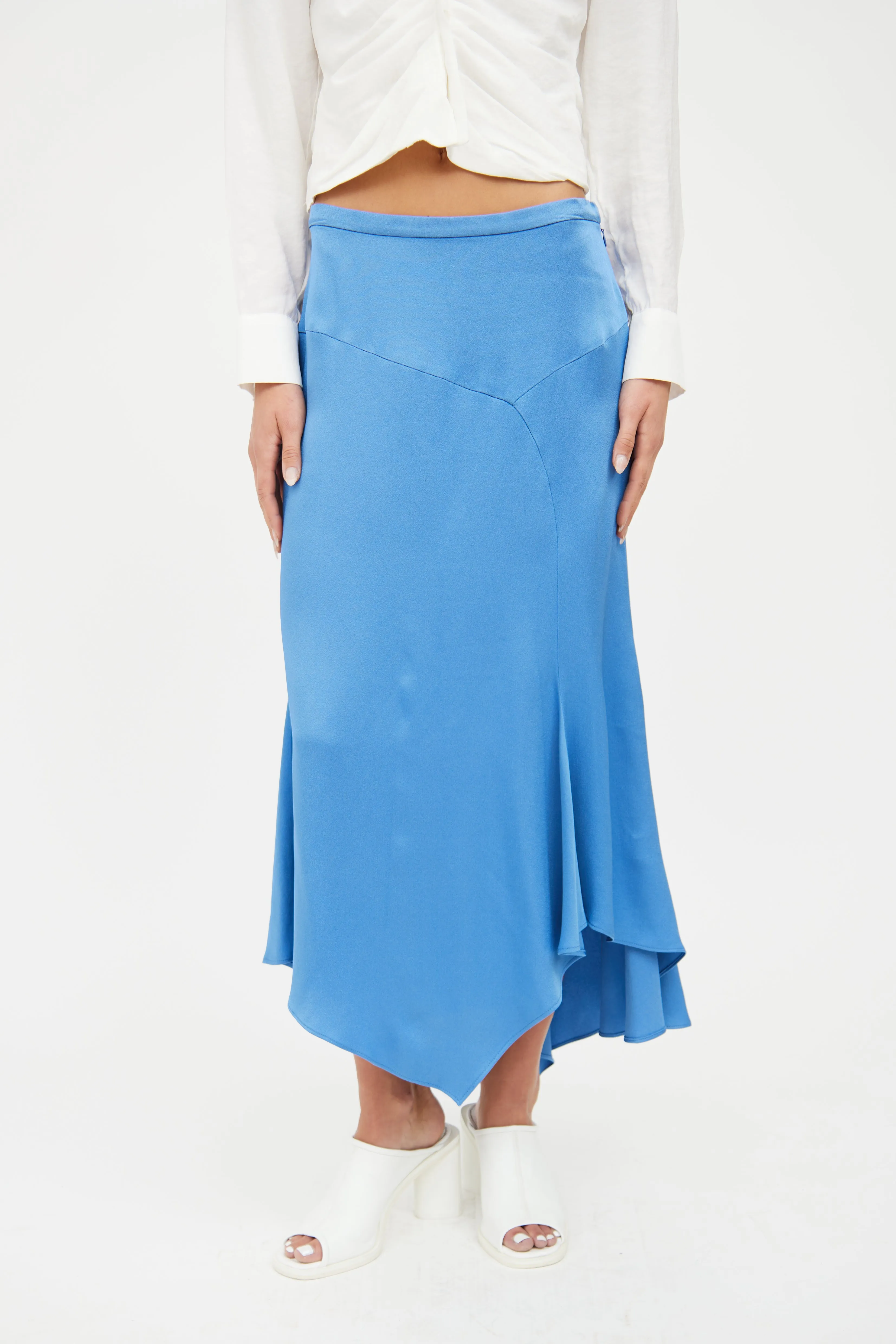 Blue Satin Midi Skirt