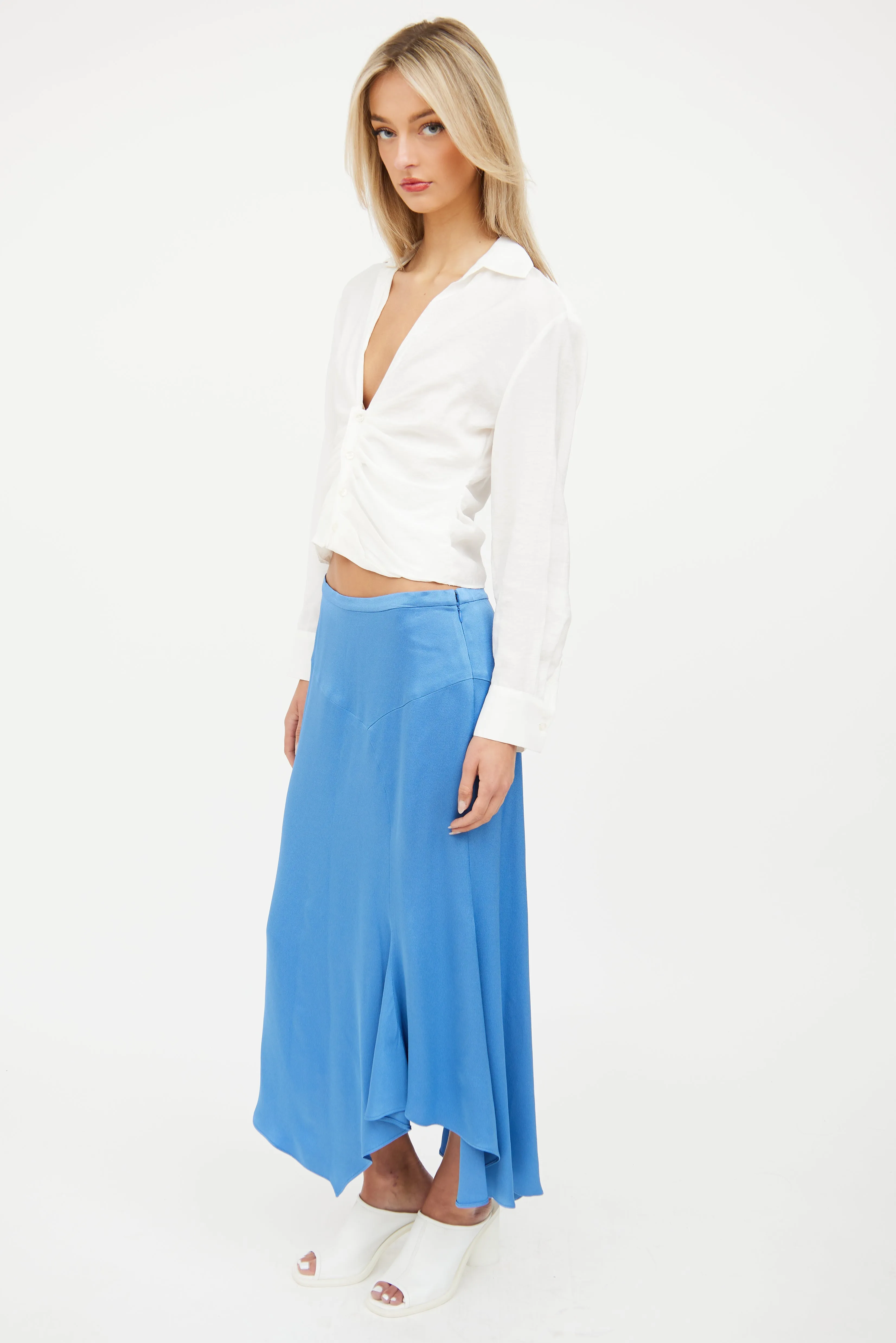 Blue Satin Midi Skirt