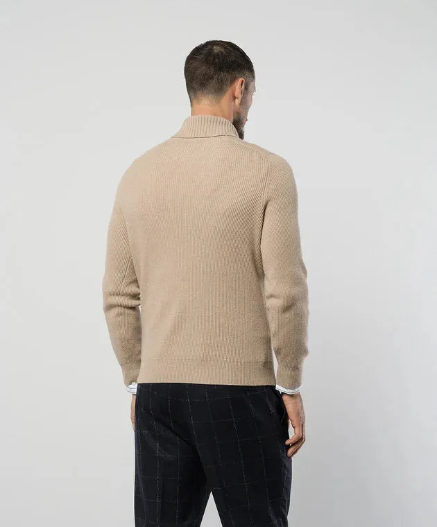 Brunello Cucinelli Mens Beige Shawl Collar Wool Cashmere & Silk Sweater