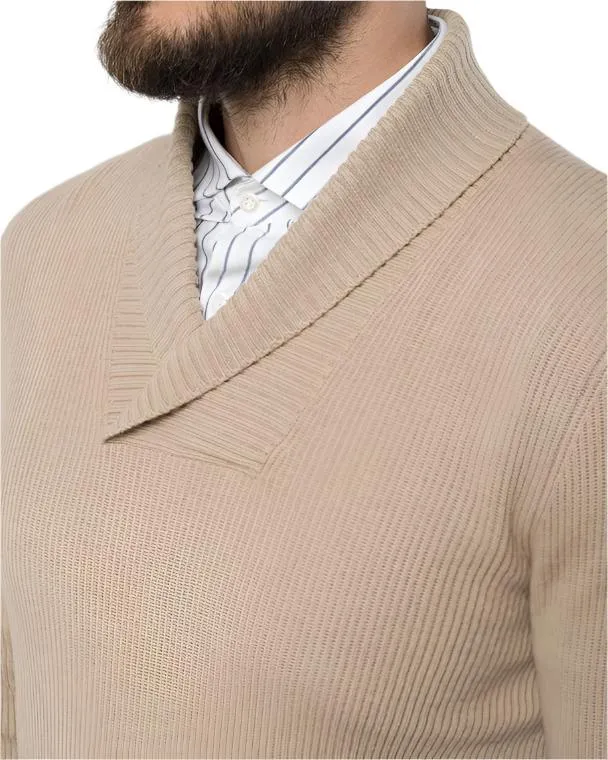 Brunello Cucinelli Mens Beige Shawl Collar Wool Cashmere & Silk Sweater