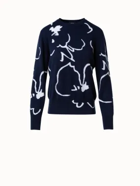 Cashmere Sweater with Cream Sketched Abraham Flower Intarsia