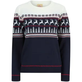 Christmas Reindeer Heart Nordic Fairisle Womens Jumper - Navy