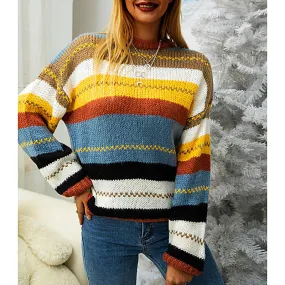 Color Striped Stitching Crew Neck Sweater