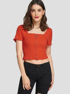 Custom Square Neck Plain Zip Back Short Sleeve Orange Crop Top