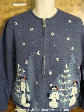 Cute Blue and White Holiday Sweater with Tall Snowmen