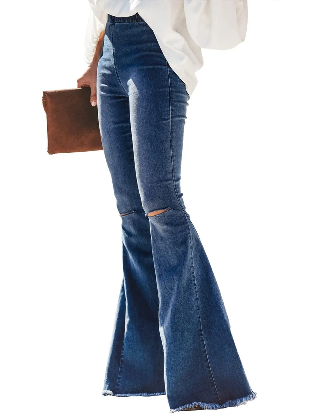 Elastic Waist Distressed Flared Long Bell Bottom Denim Jeans by Anna-Kaci