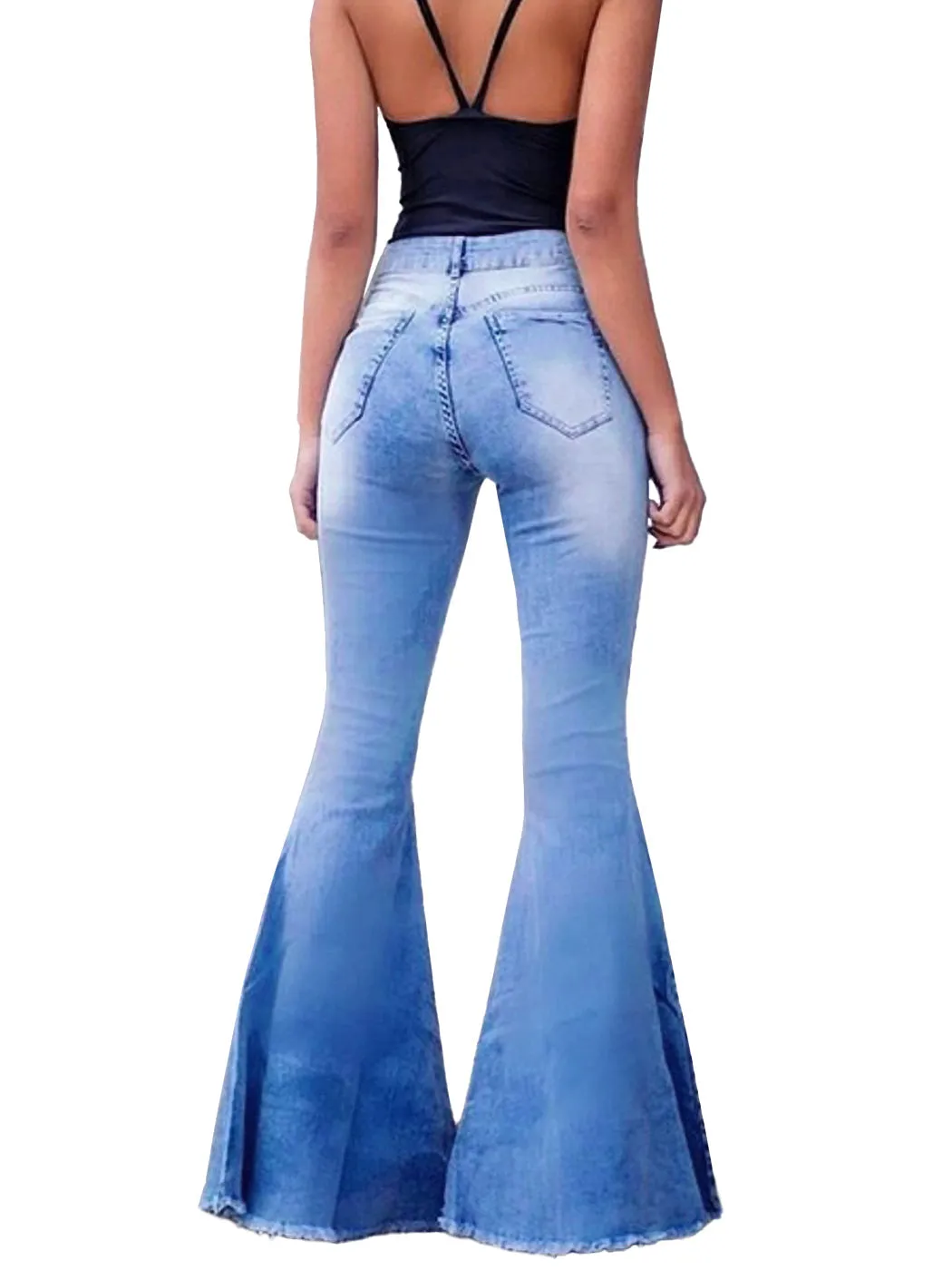 Elastic Waist Distressed Flared Long Bell Bottom Denim Jeans by Anna-Kaci