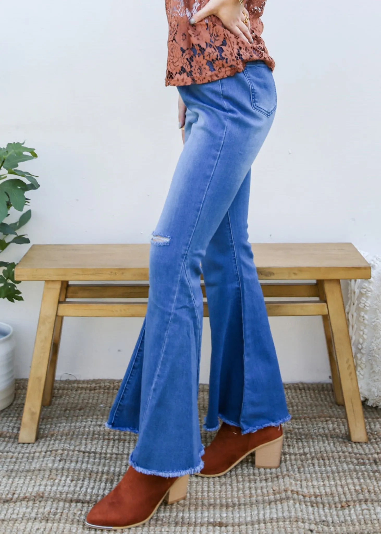 Elastic Waist Distressed Flared Long Bell Bottom Denim Jeans by Anna-Kaci