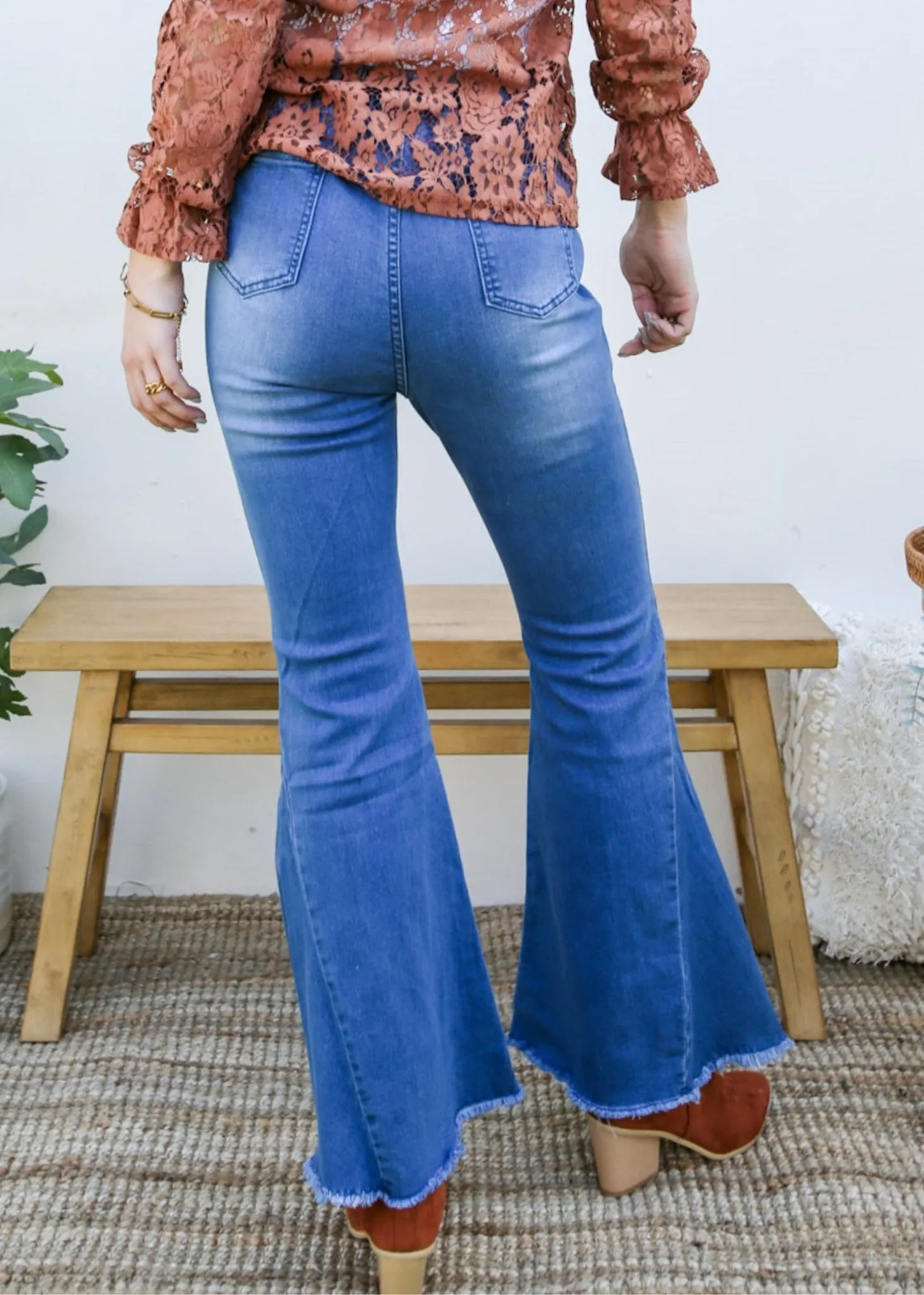 Elastic Waist Distressed Flared Long Bell Bottom Denim Jeans by Anna-Kaci