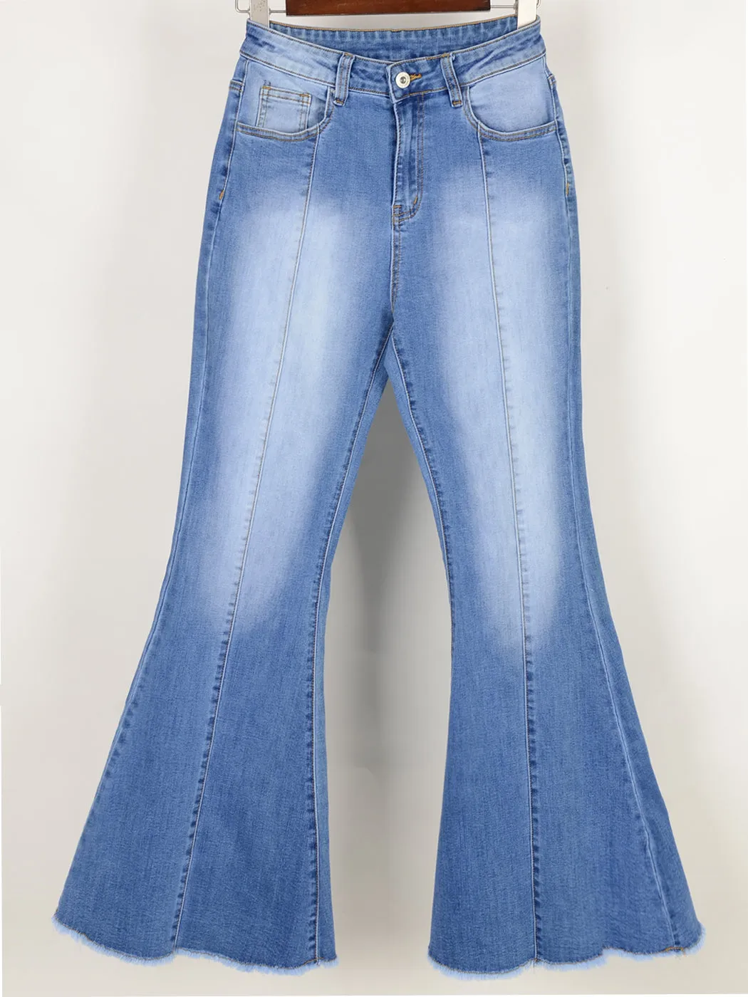 Elastic Waist Distressed Flared Long Bell Bottom Denim Jeans by Anna-Kaci