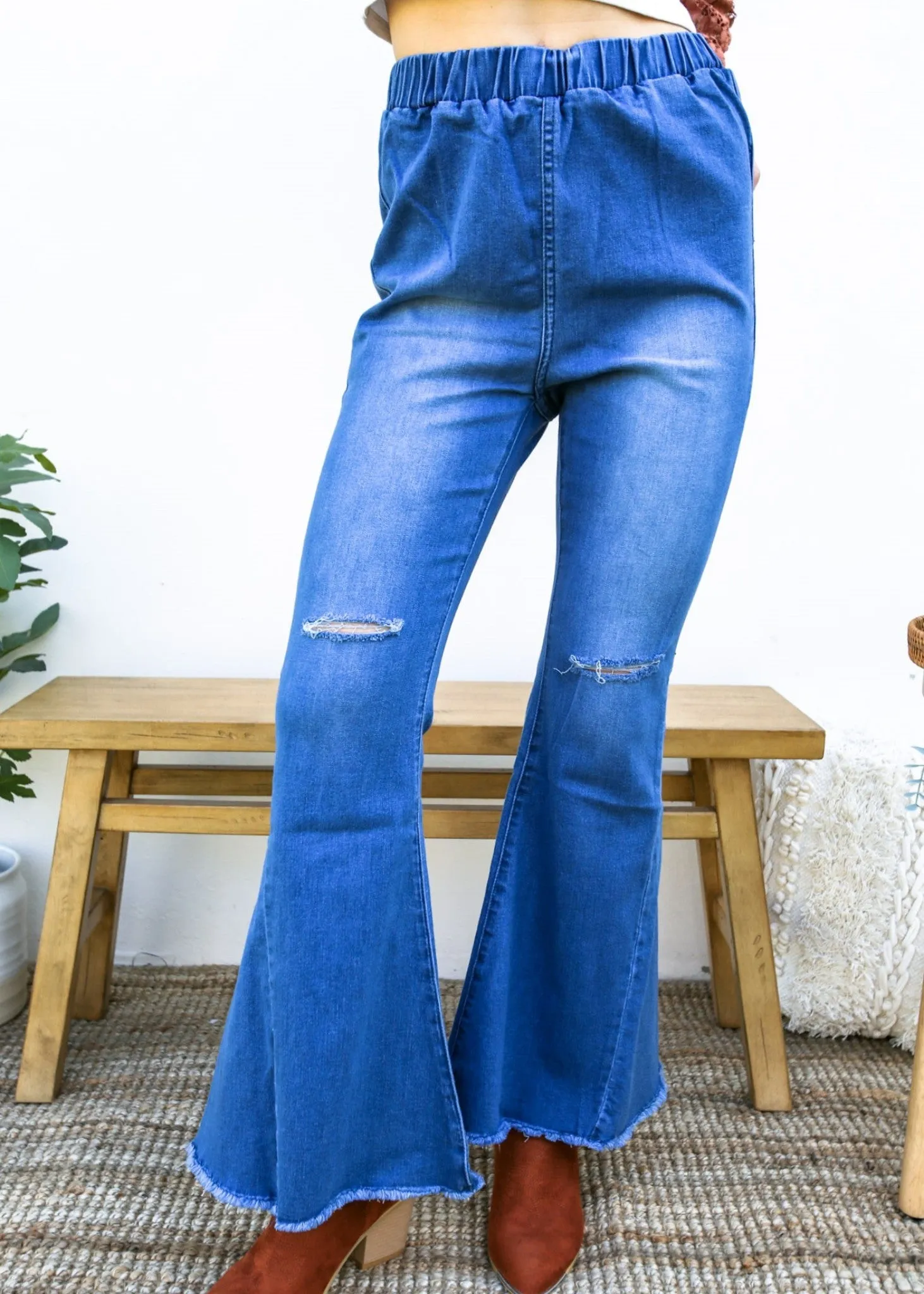 Elastic Waist Distressed Flared Long Bell Bottom Denim Jeans by Anna-Kaci