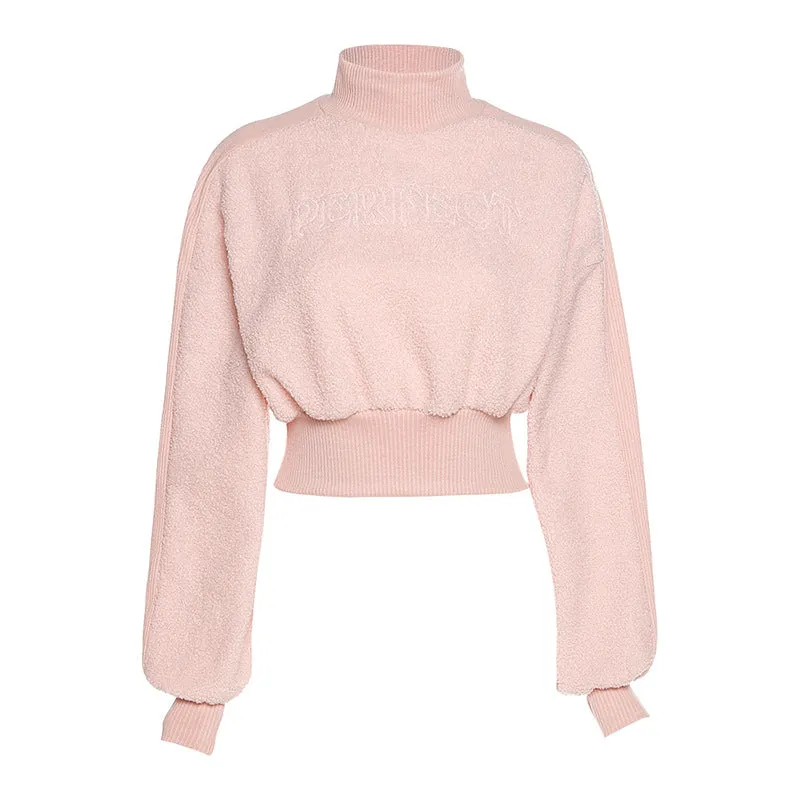 European 2021 high collar jersey sweatshirt splicing rib fabric kawaii crop top for girls