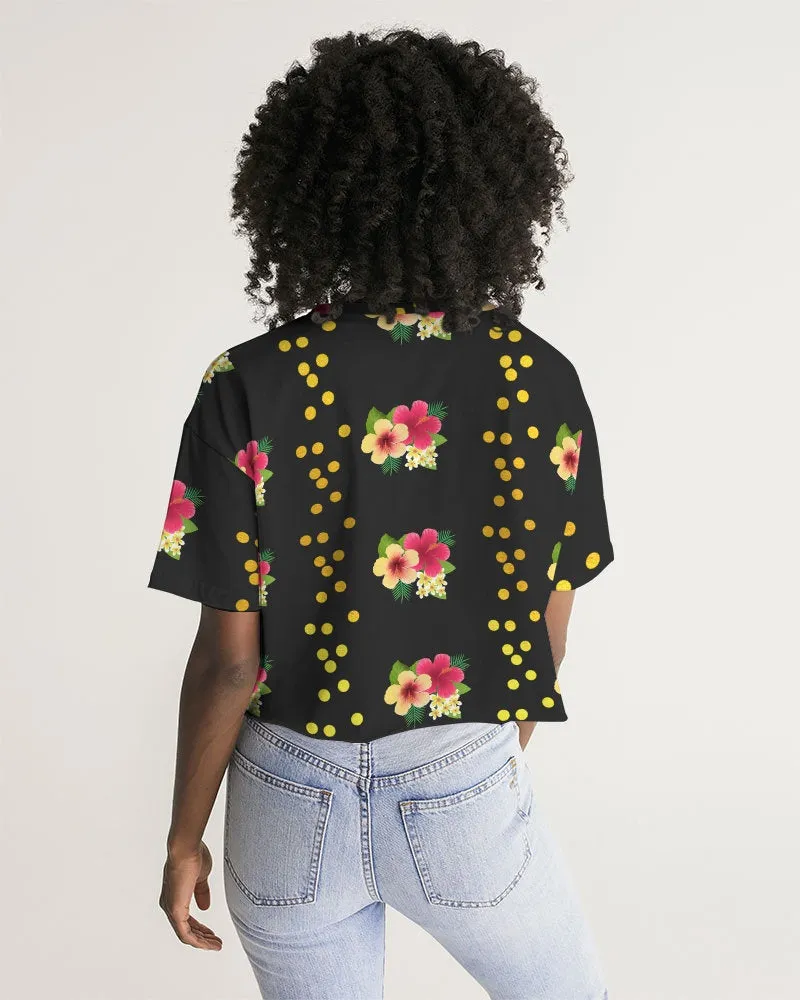 Floral Dots Black Cropped Top