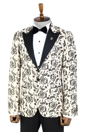 Floral Patterned Peak Lapel Cream Men Wedding Blazer - Wessi