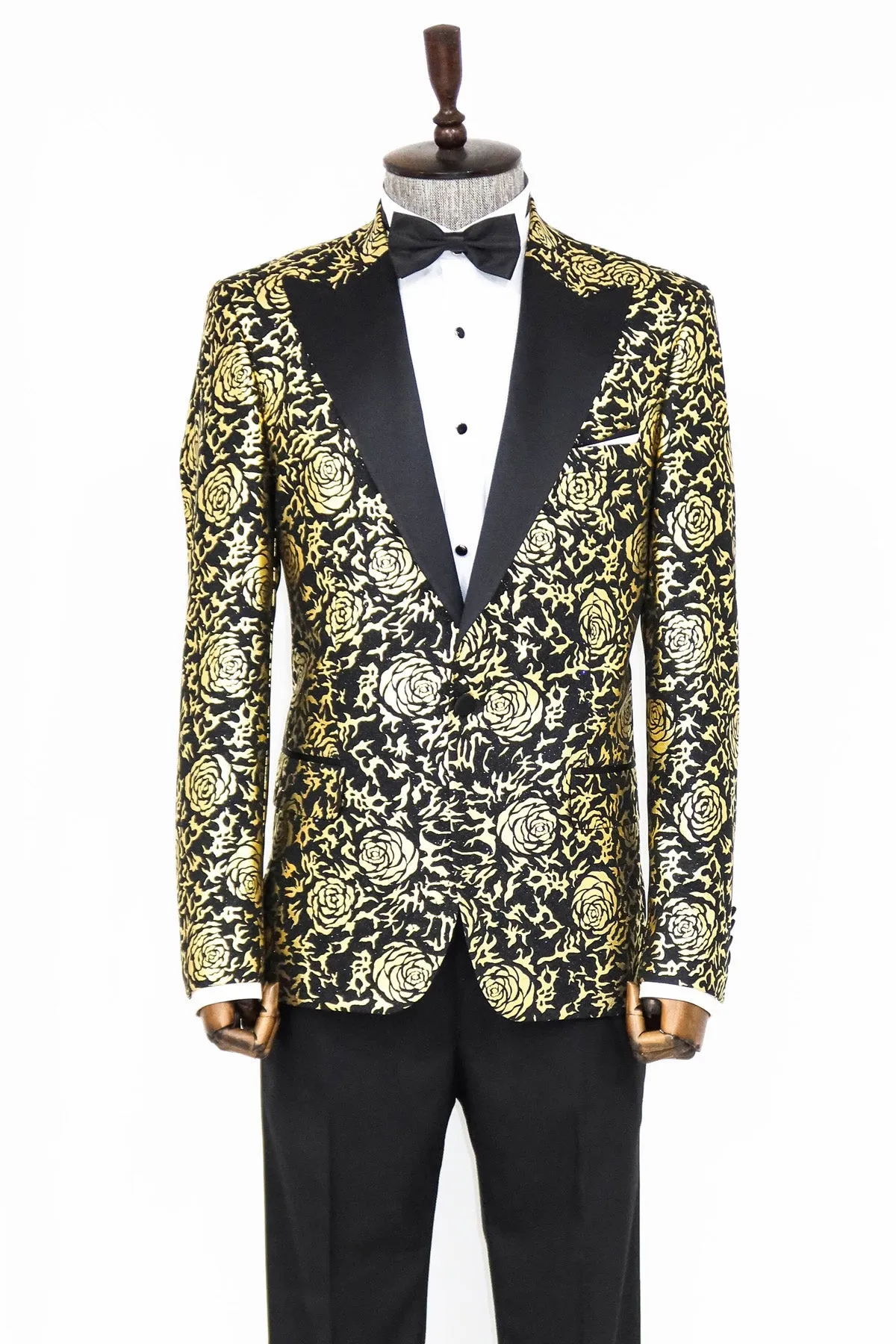 Gold Rose Patterned Slim Fit Black Men Singer Tuxedo Blazer - Wessi