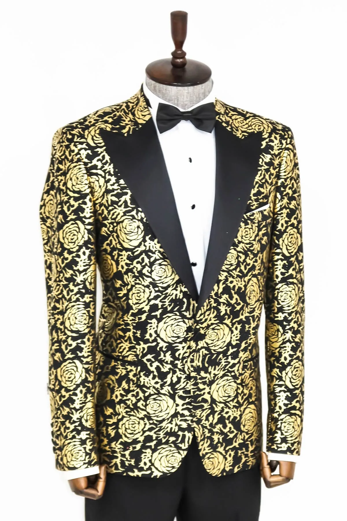 Gold Rose Patterned Slim Fit Black Men Singer Tuxedo Blazer - Wessi