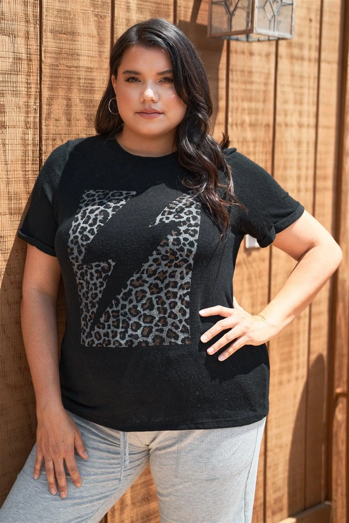 Junior Plus Black Animal Print & Lightning Print Short Sleeve T-Shirt Top /3-2-1