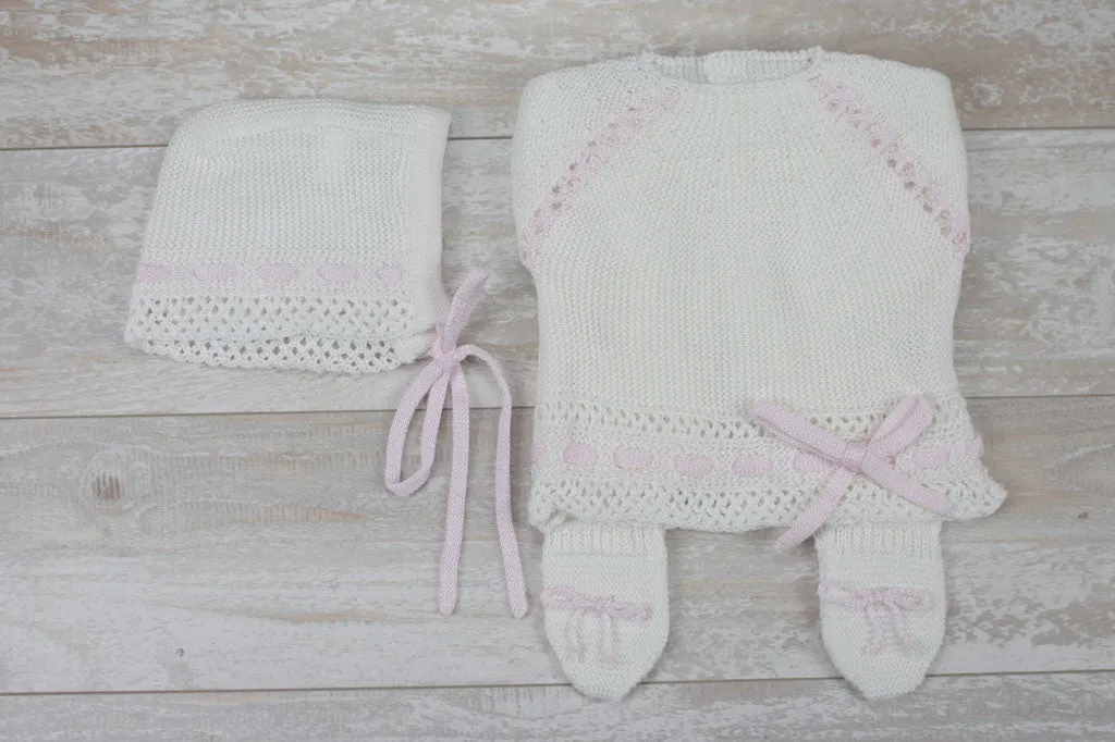 Knit Cotton Newborn White Sweater and Pants,  "Take me home set" Pink lace by Patucos