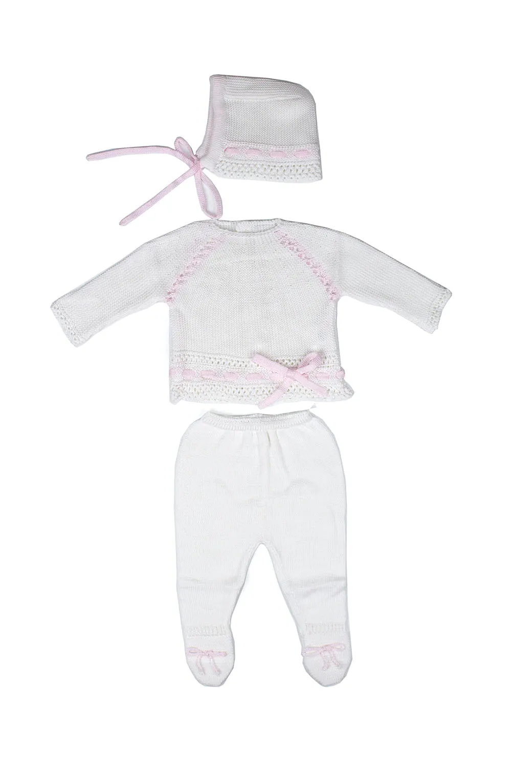 Knit Cotton Newborn White Sweater and Pants,  "Take me home set" Pink lace by Patucos