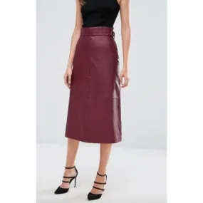 Ladies Burgundy Leather Straight Long Midi Skirt Outfit