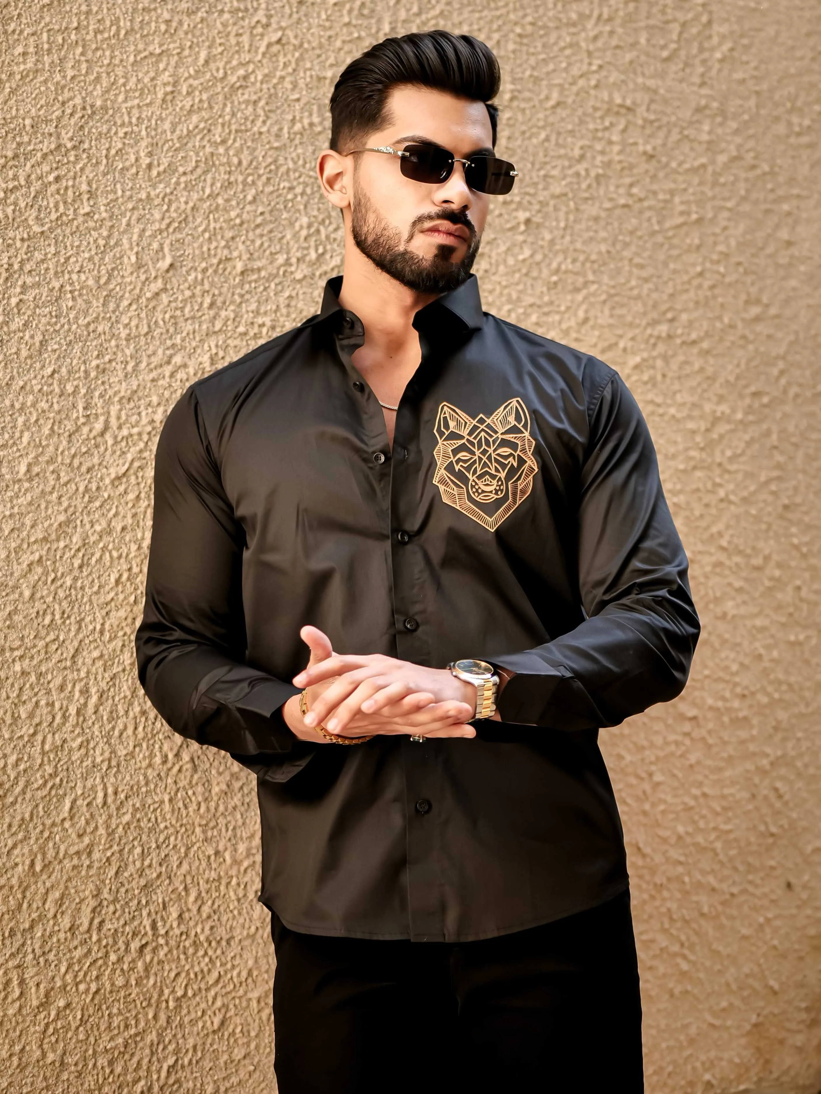 Line Art Wolf Black Embroidered Club Wear Satin Cotton Shirt