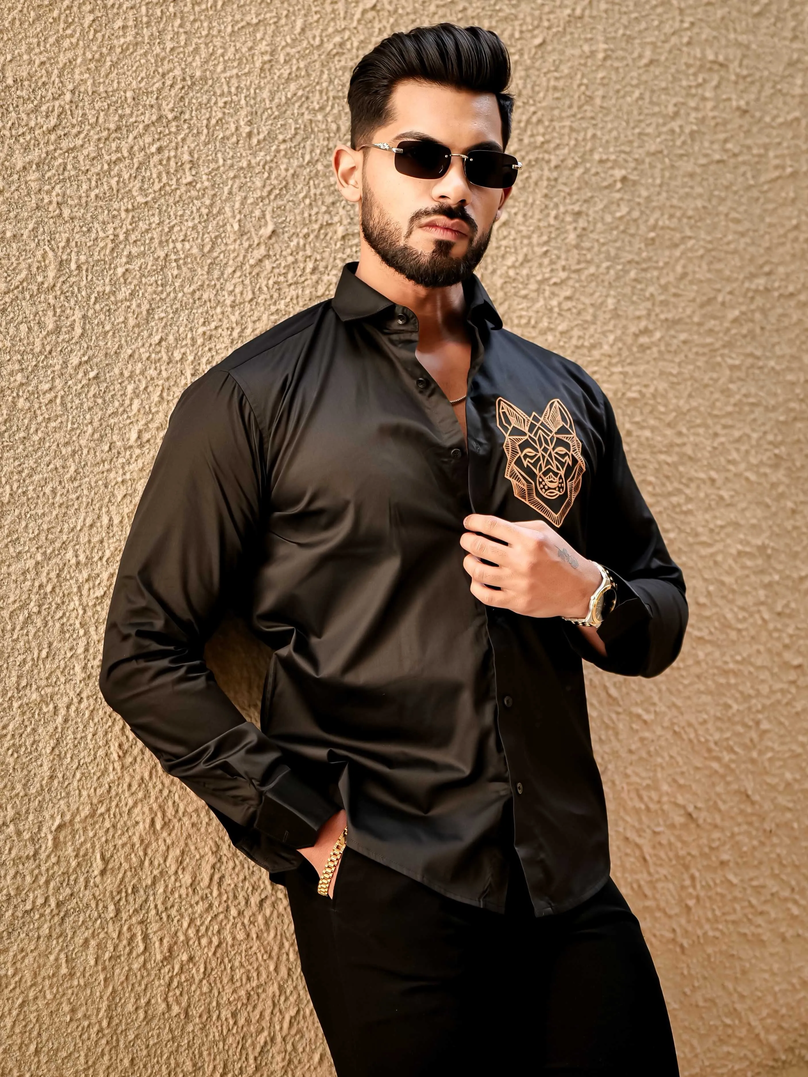 Line Art Wolf Black Embroidered Club Wear Satin Cotton Shirt