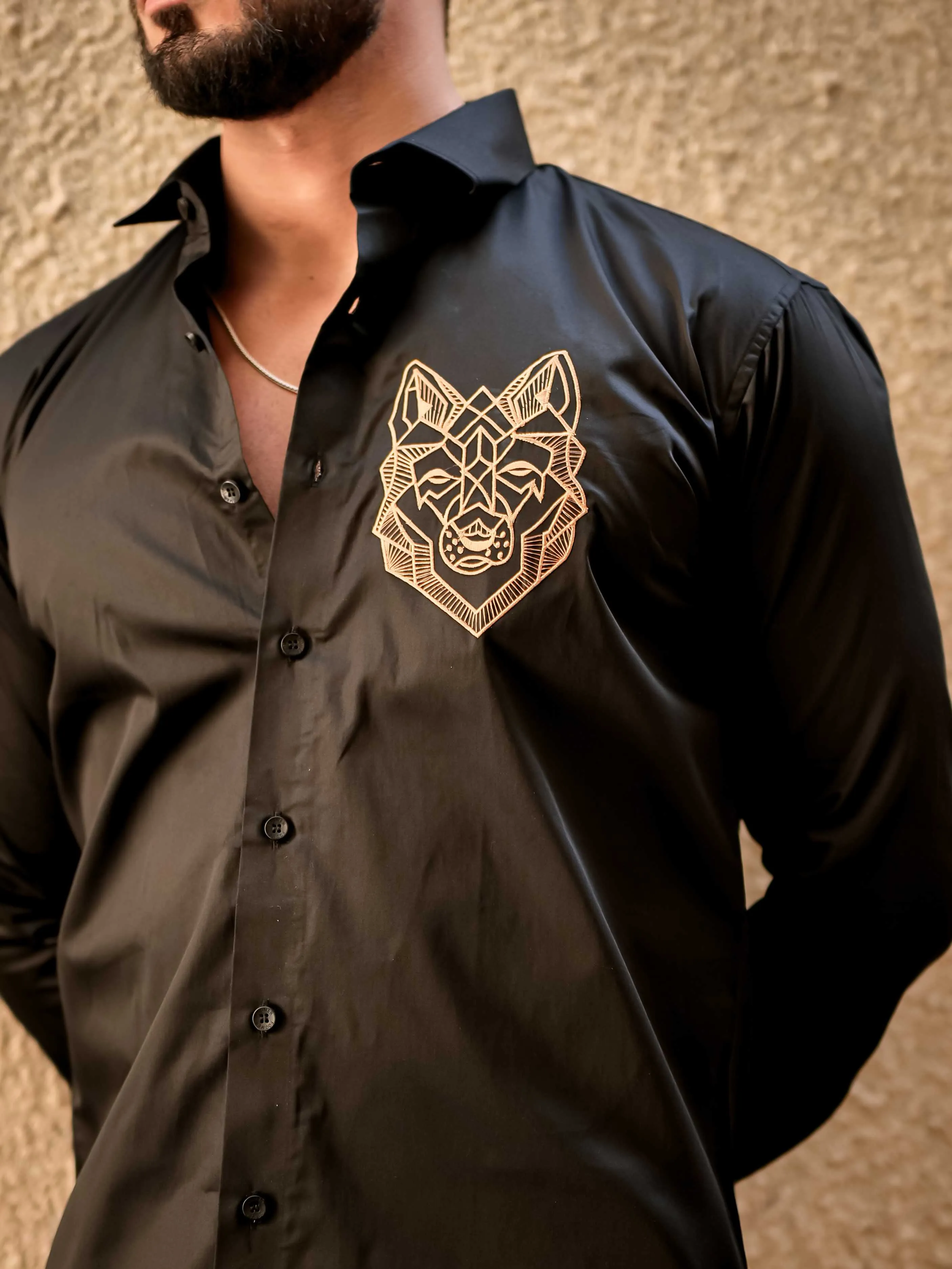 Line Art Wolf Black Embroidered Club Wear Satin Cotton Shirt