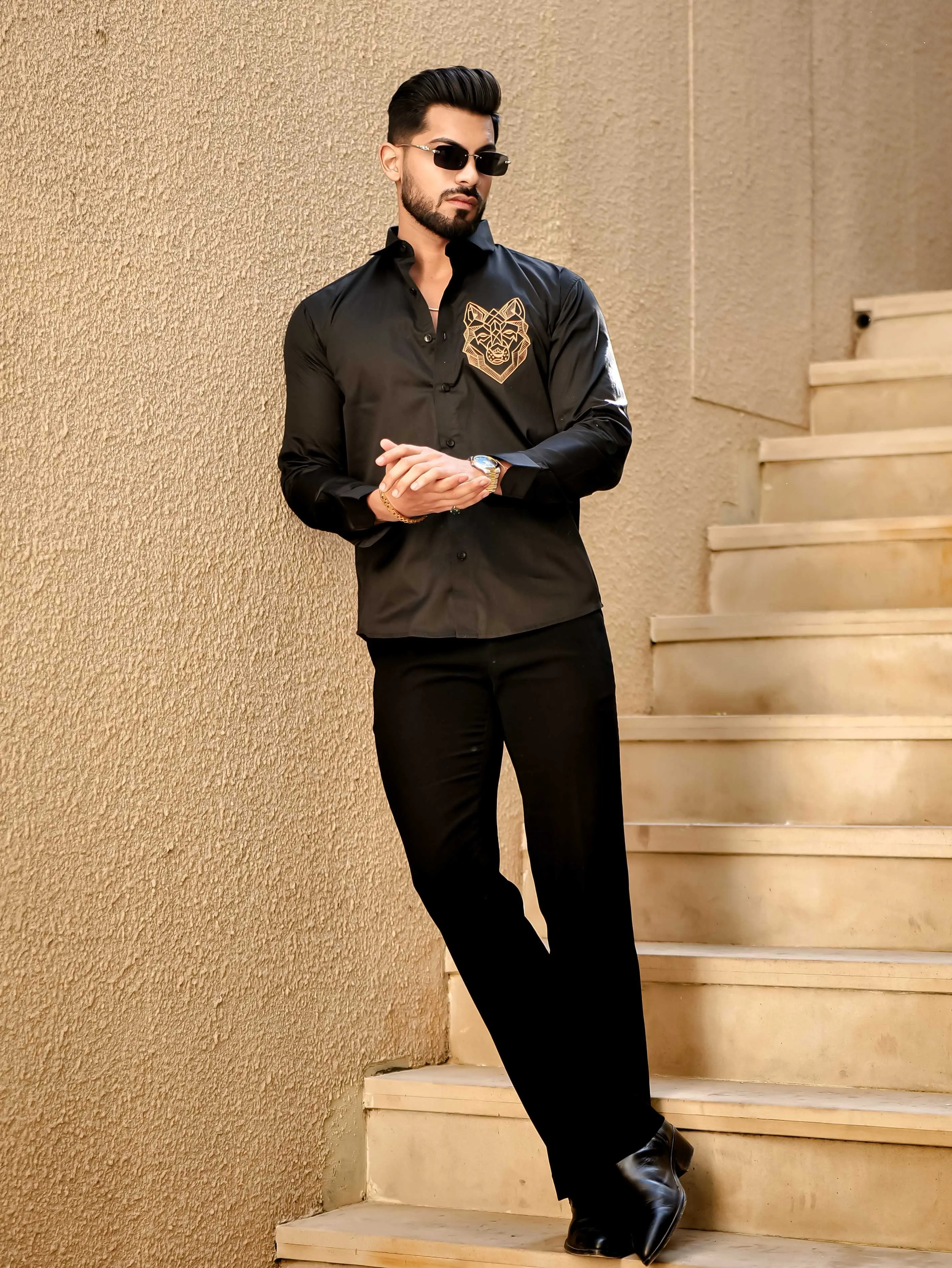 Line Art Wolf Black Embroidered Club Wear Satin Cotton Shirt