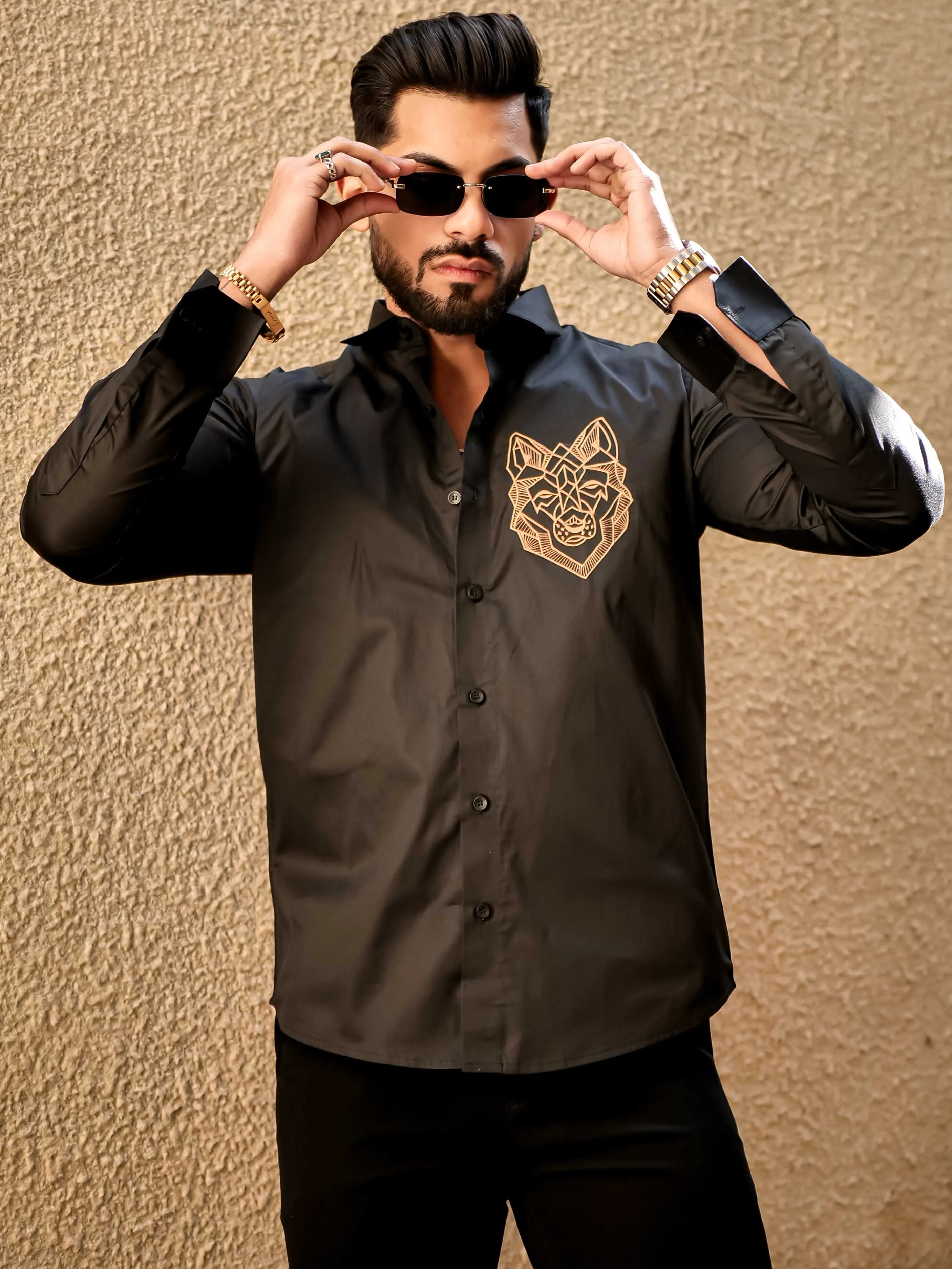 Line Art Wolf Black Embroidered Club Wear Satin Cotton Shirt