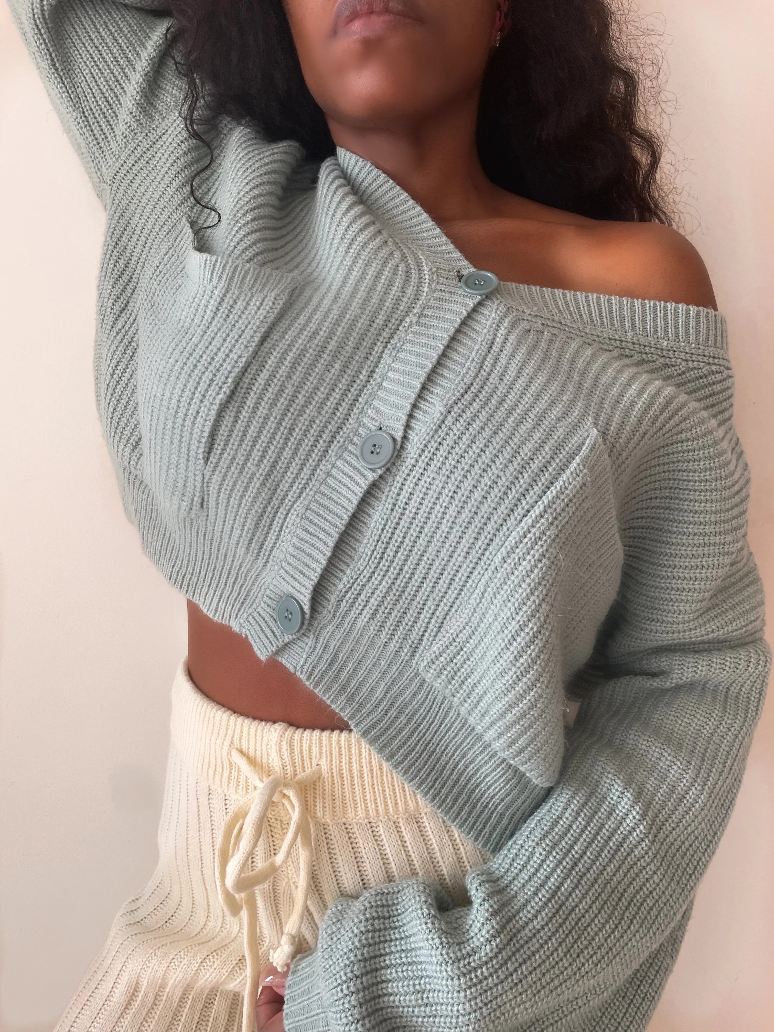 Long Sleeve Cropped Cardigan | Cozy Doll Knit Button Down Sweater Matcha Green