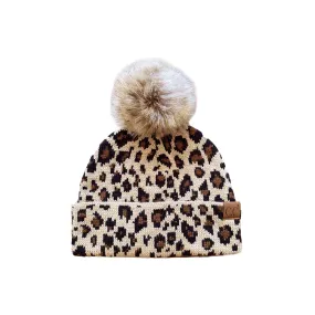 LP-43-KIDS Leopard Beanie w/Faux Fur Pom