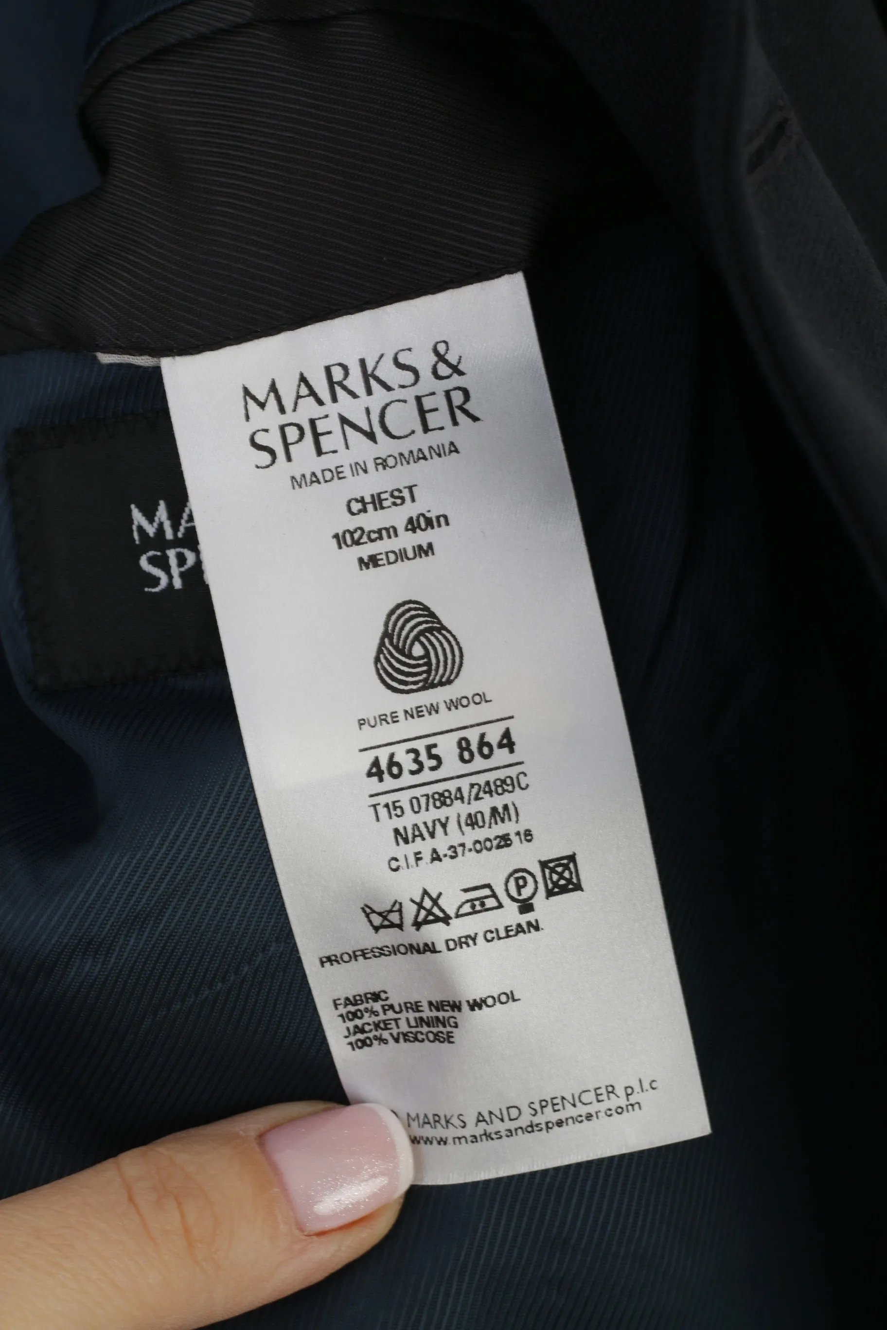 Marks & Spencer Men 40 102 Blazer Navy Wool Single Breasted Shoulder Pads Jacket