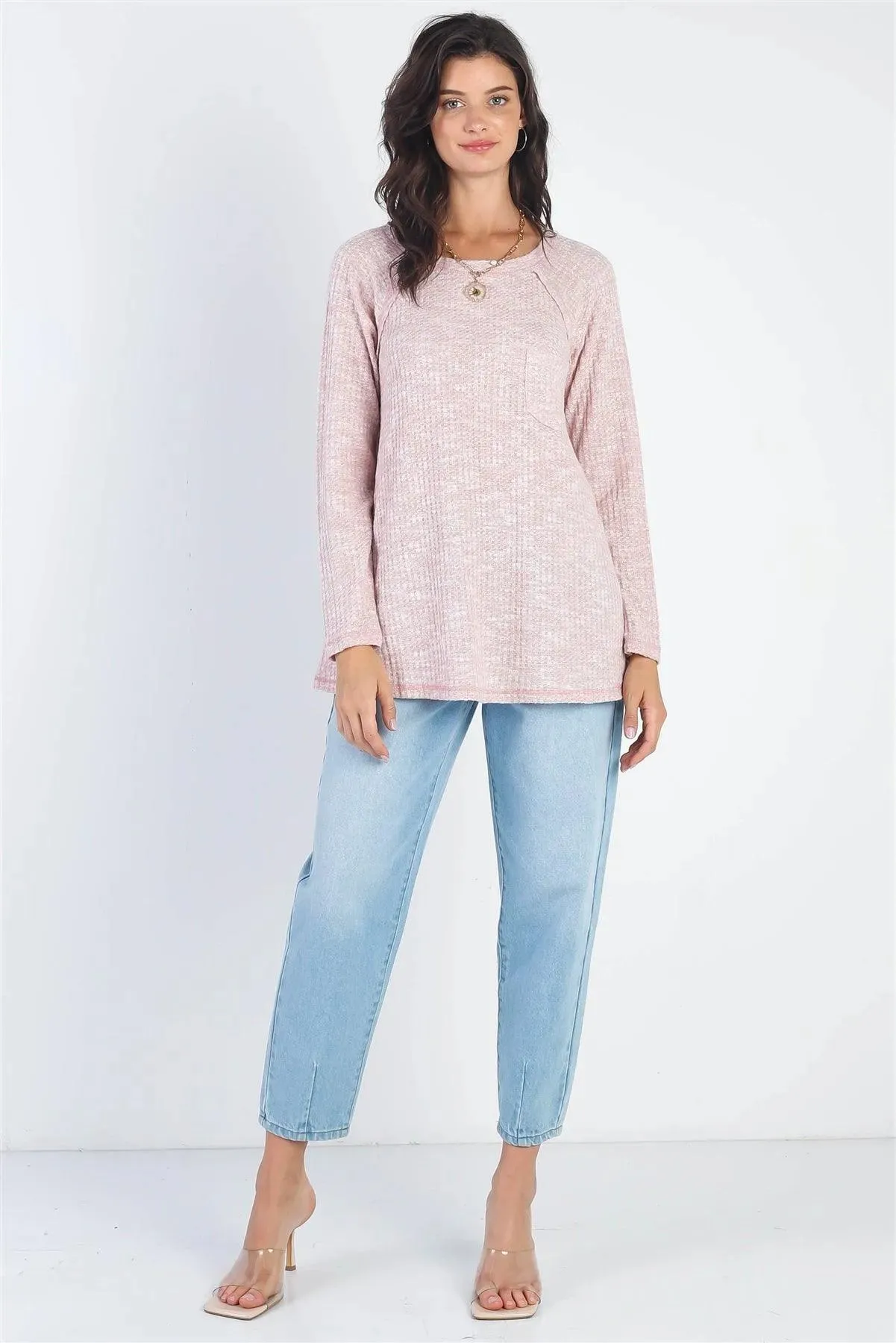 Mauve Waffle Knit Stitch Detail Long Sleeve Top /1-1-2