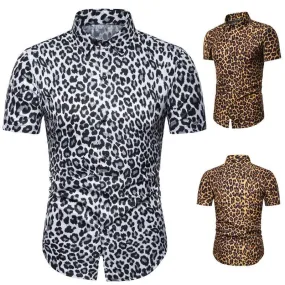 Mens Leopard Print Casual Button Short Sleeve Shirt