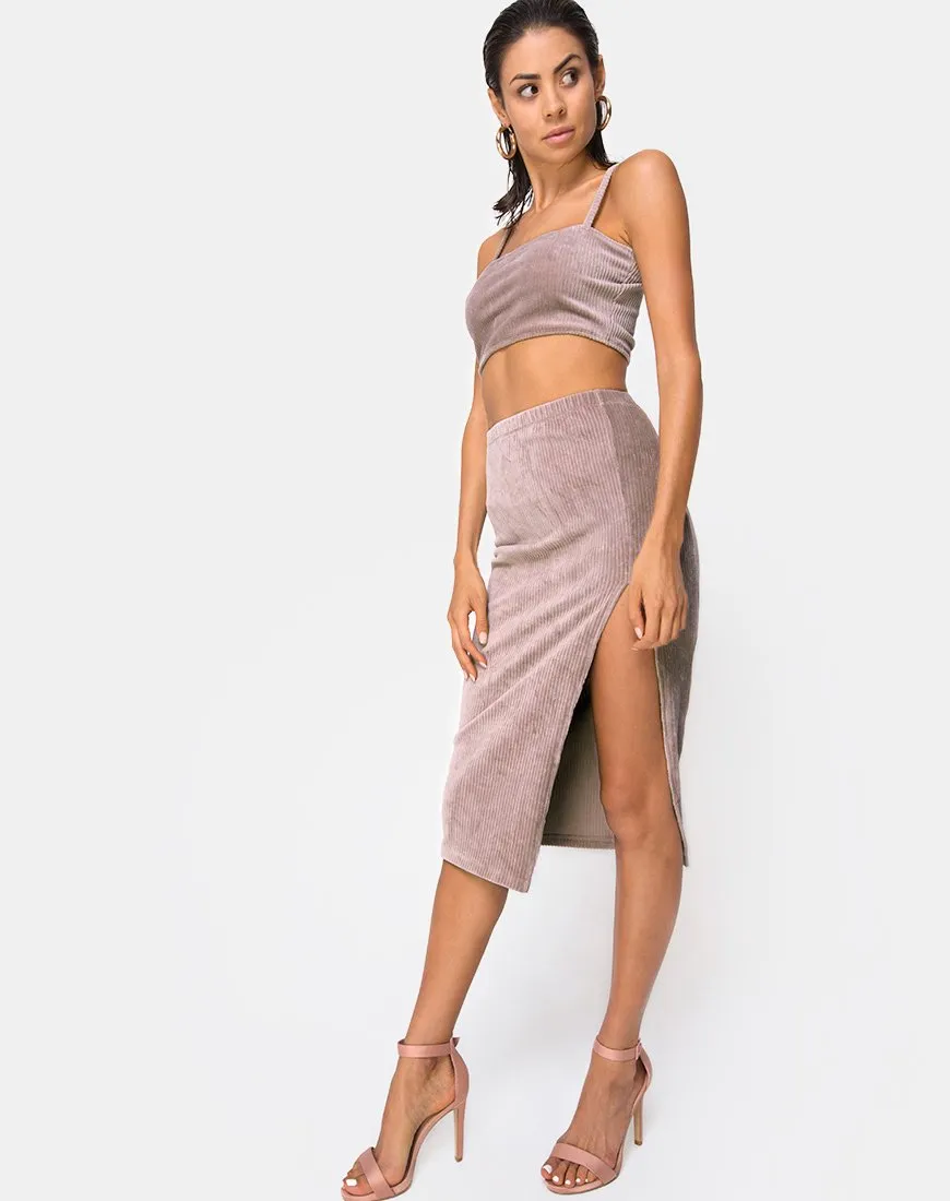 Midi Cheri Split Skirt in Rib Taupe