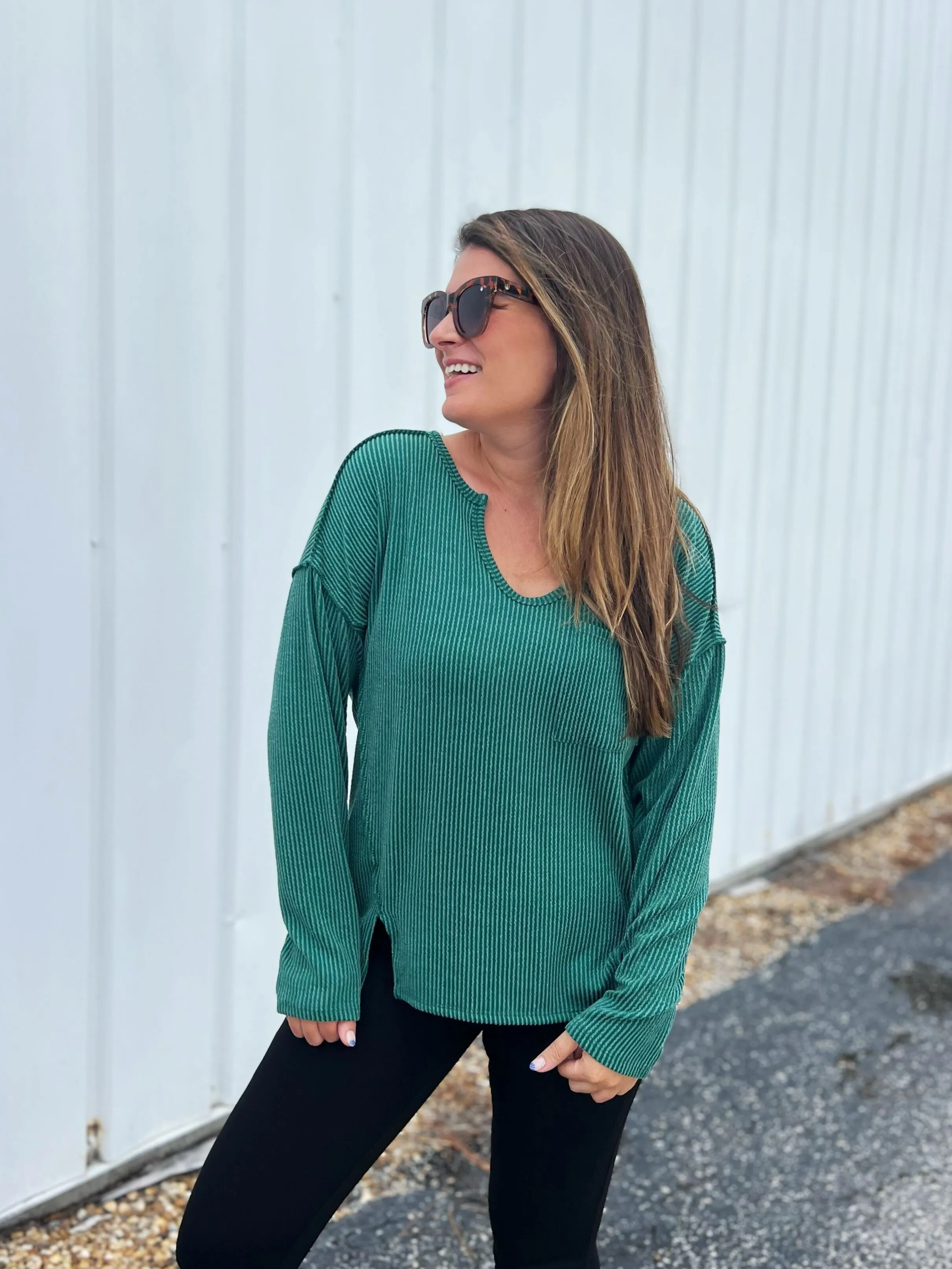 Mineral Washed Ribbed Long Sleeve Pocket Top - Hunter Green