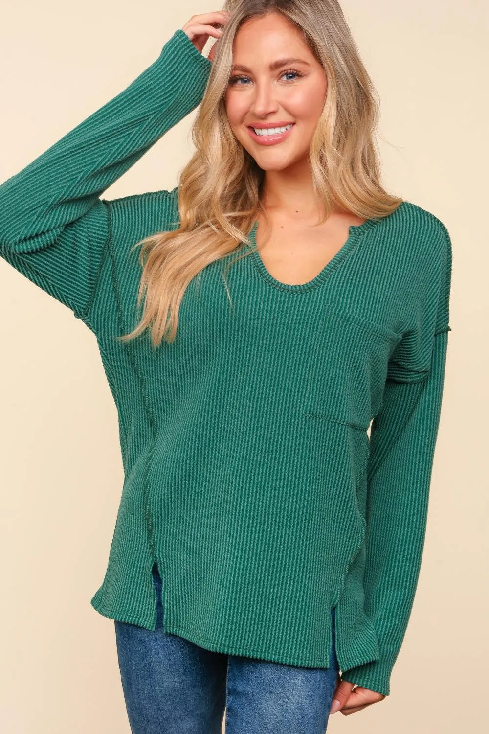 Mineral Washed Ribbed Long Sleeve Pocket Top - Hunter Green