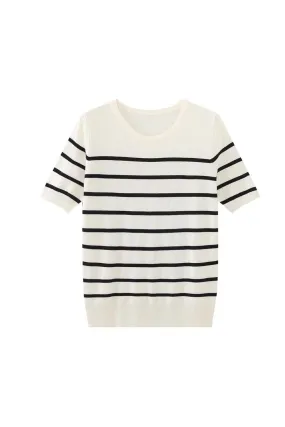 ‘Nataliya’ Stripe Short Sleeve Round Neck Basic Knit Sweater Top