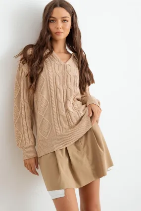 Oatmeal Cable Knit Collared Neck Long Sleeve Sweater /2-2-2