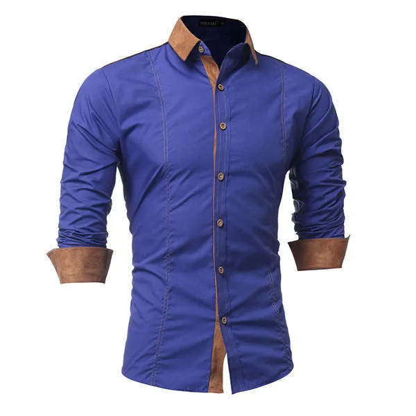 Plus Size Cotton Designer Dress Shirt for Men Long Sleeve Buckskin Collar Patchwork