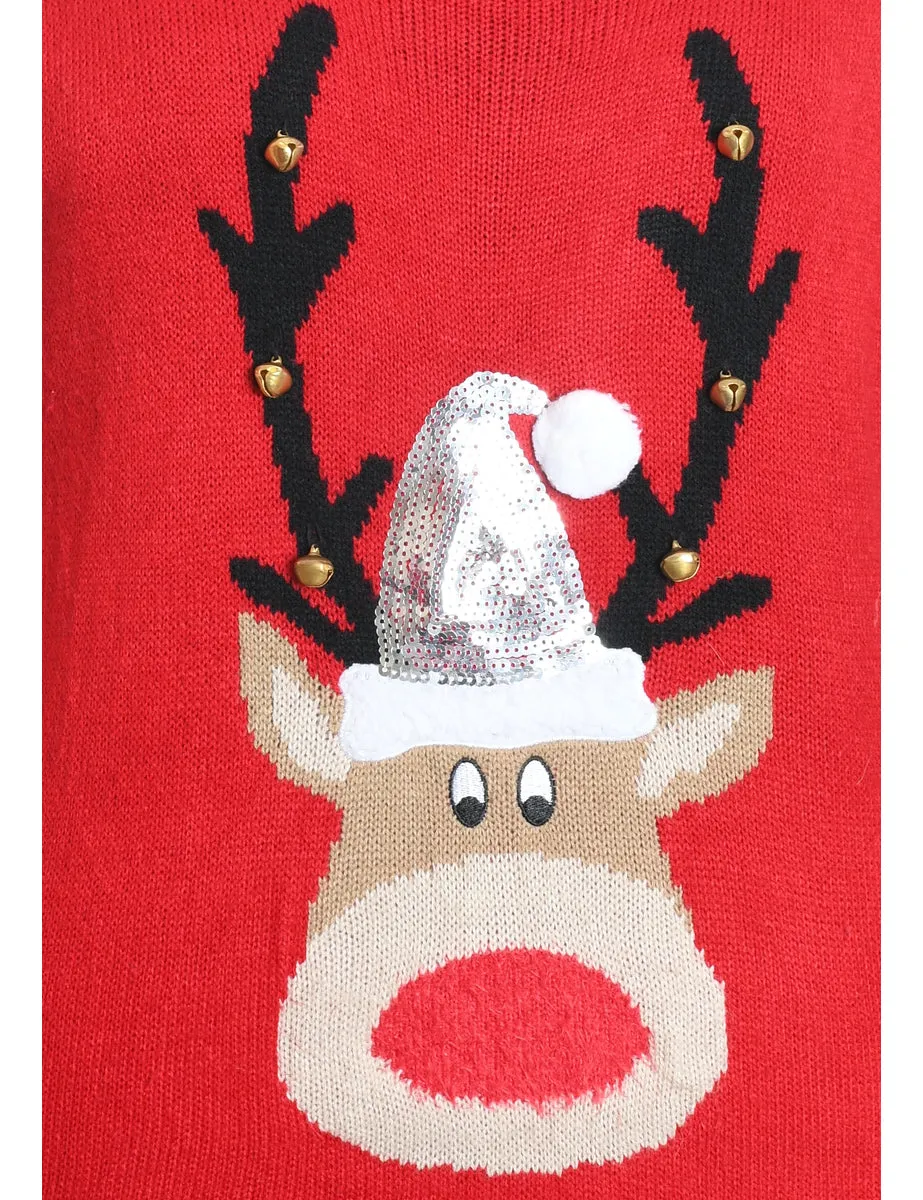 Reindeer Design Red Knit Christmas Jumper - M