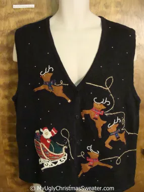 Santa and Flying Reindeer Cheap Christmas Sweater Vest