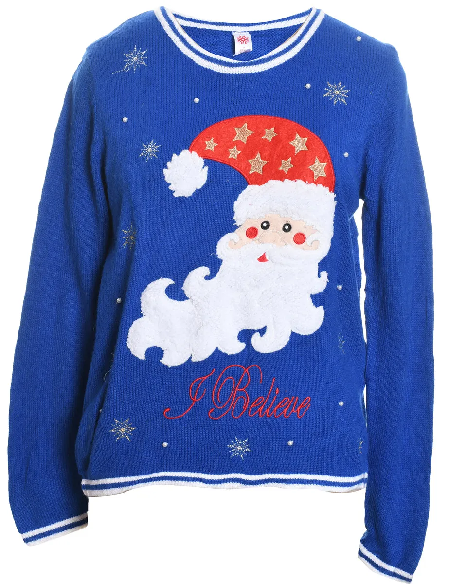 Santa Claus Blue Knit Christmas Jumper - M