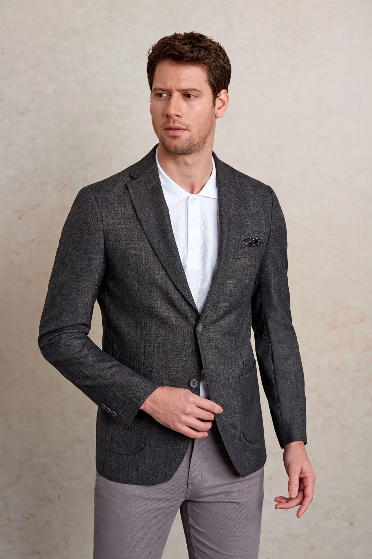 Slim Fit Notch Lapel Patterned Burgundy Casual Blazer, Charcoal D.