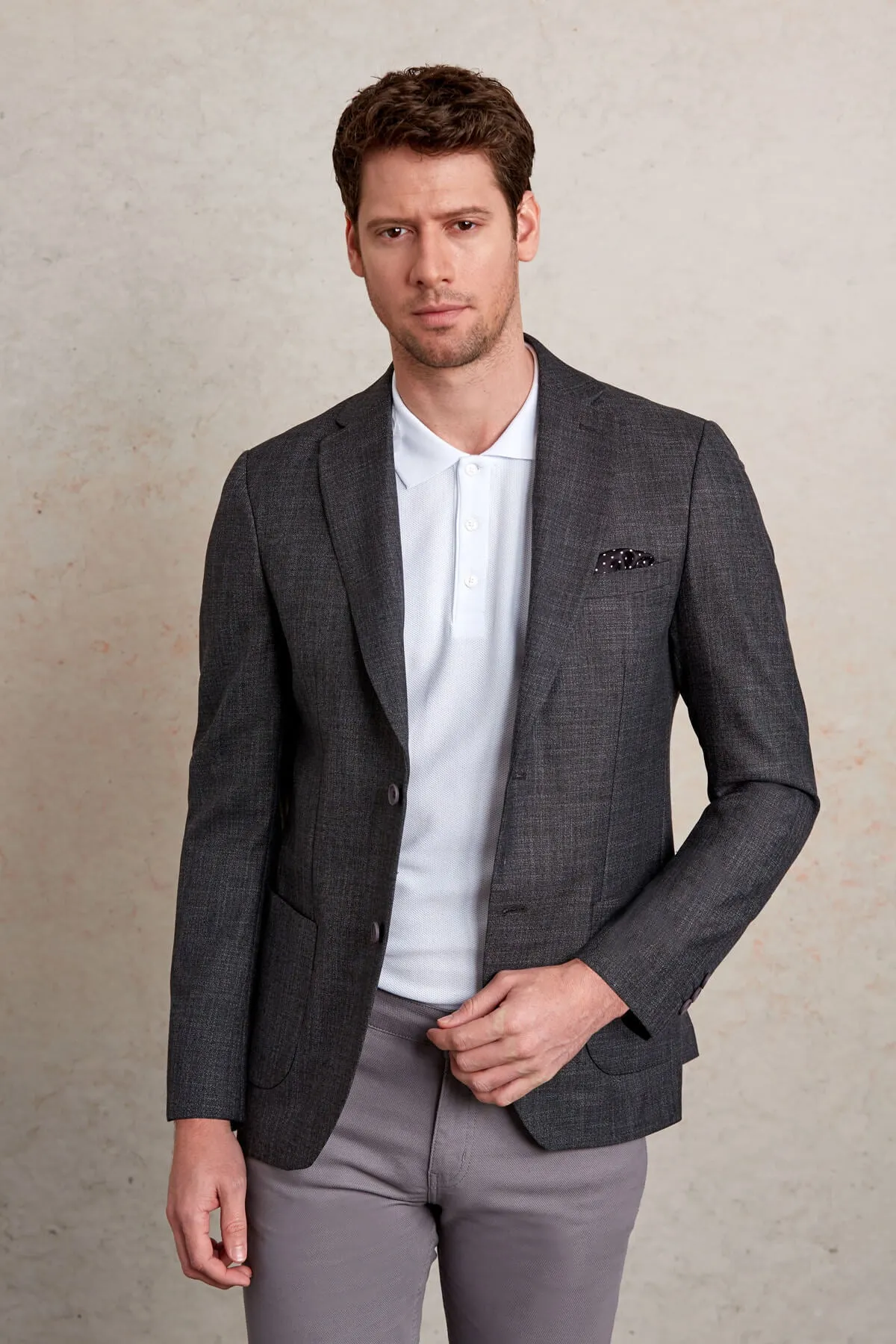 Slim Fit Notch Lapel Patterned Burgundy Casual Blazer, Charcoal D.